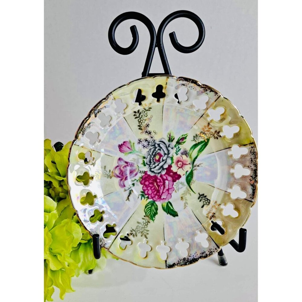 Vintage Floral Porcelain Plate With Cutout Design & Gold Trim 6 Inches Iridescen